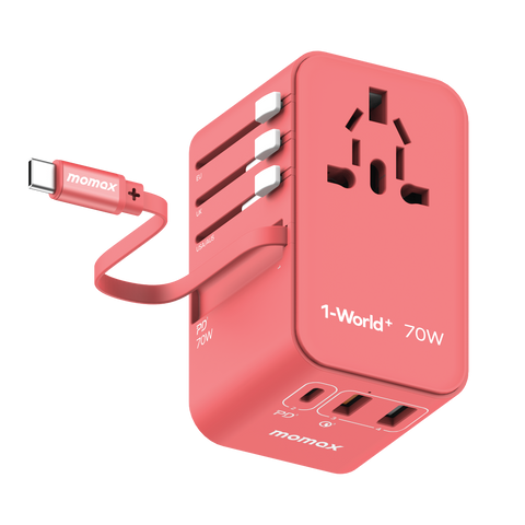 1-World+ 70W GaN 3-Port w/ Built-in USB-C Cable + AC Travel Adaptor [Pre-order]