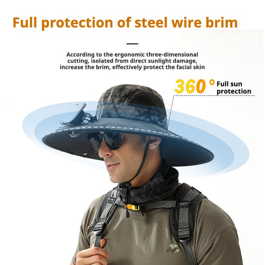 Wide Brim Solar Fan Outdoor Fishing Hat-Solar & USB Charging,Portable Solar Powered Fan Hat - Outdoor Camping, Fishing, Hiking, Sun Protection - Multifunctional, Detachable, for Cycling, Mountaineering, Sunshade