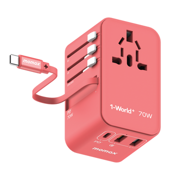 1-World+ 70W GaN 3-Port w/ Built-in USB-C Cable + AC Travel Adaptor