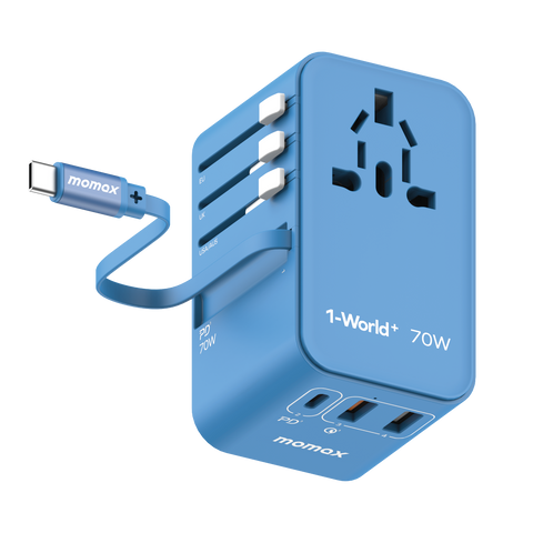 1-World+ 70W GaN 3-Port w/ Built-in USB-C Cable + AC Travel Adaptor